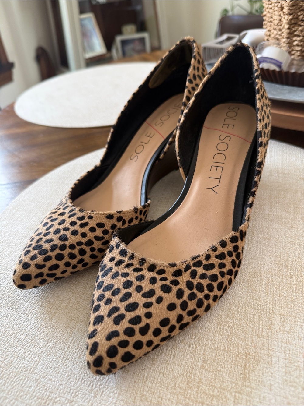 Sole Society Leopard-Spot Pointed Flats in Tan and Black - size 7.5